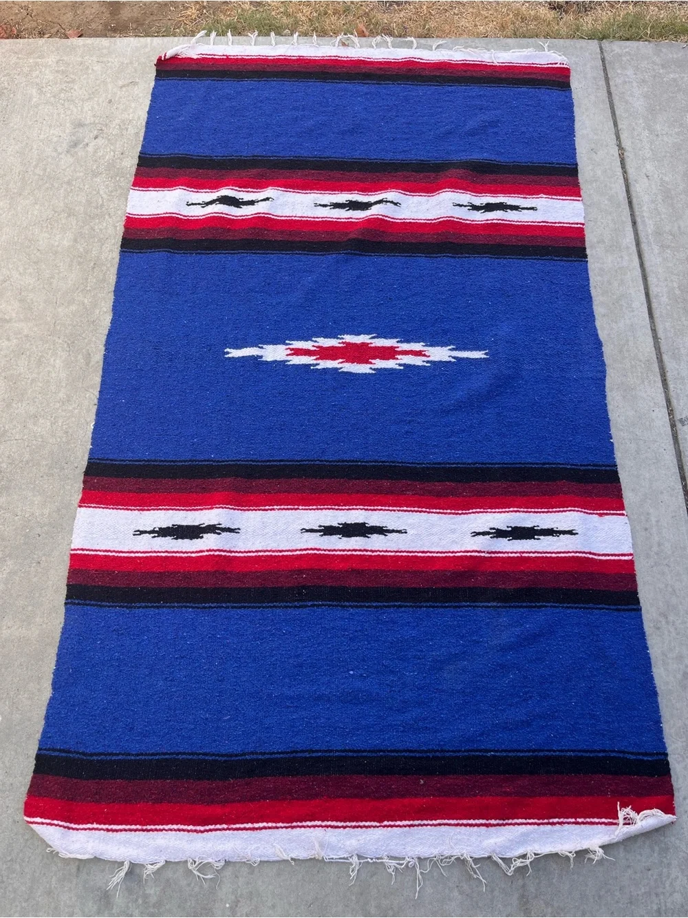 Handwoven Blue Southwestern Mexican Throw Blanket with Red & White Accents 75/46